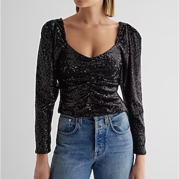 Express Tops - Express size large Sequin Sweetheart Neckline Puff Sleeve Ruched Front Top